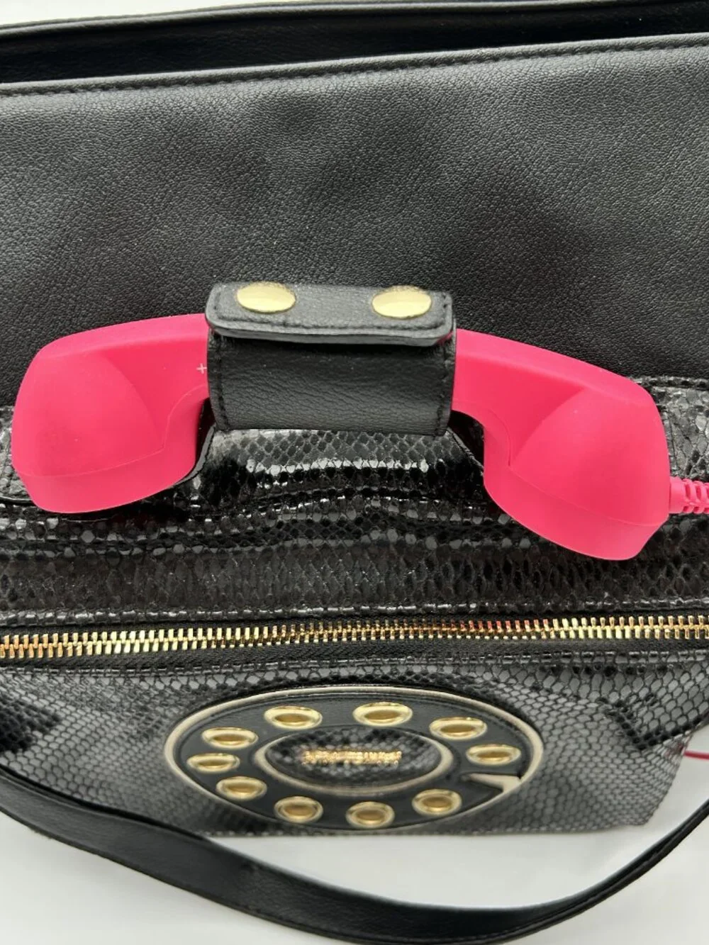 Betsey Johnson Hold Please Telephone Tote Bag - Black Snake Embossed Kitsch